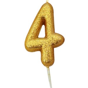 Number 4 Glitter Moulded Pick Candle Gold