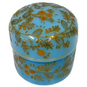 Antiek Moser opaline blauw rouge potje verguld emaile oorbellendoosje 1890’s