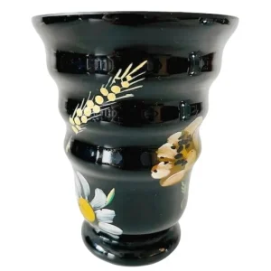 Art Deco Booms vaas zwart glas met handgeschilderde bloemen 1930’s