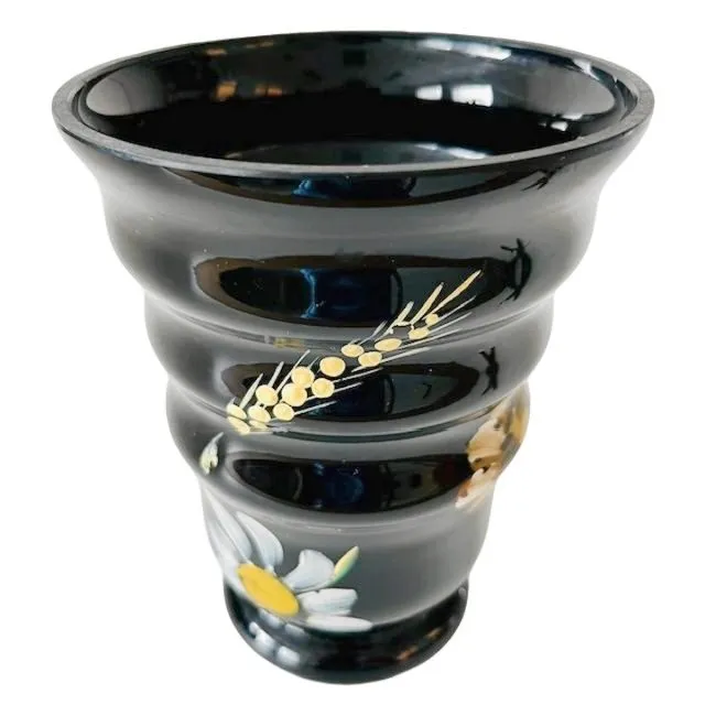 Art Deco Booms vaas zwart glas met handgeschilderde bloemen 1930’s - Afbeelding 3