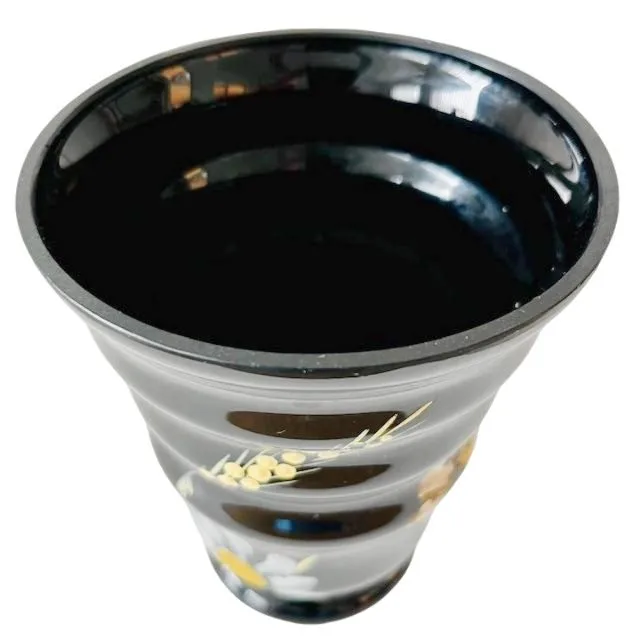 Art Deco Booms vaas zwart glas met handgeschilderde bloemen 1930’s - Afbeelding 4