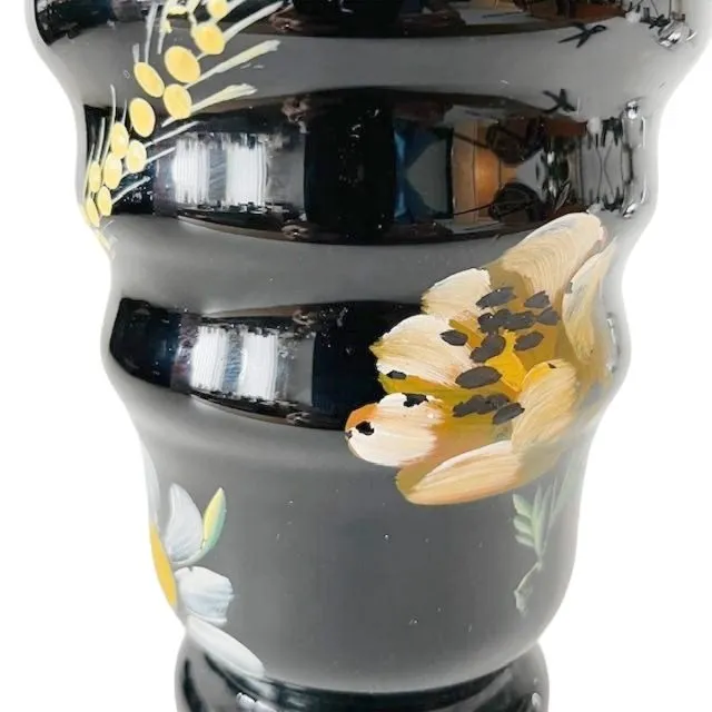 Art Deco Booms vaas zwart glas met handgeschilderde bloemen 1930’s - Afbeelding 5