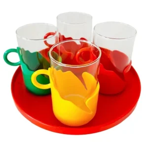 Set vintage theeglazen Kunststof Houder met dienblad 1980’s