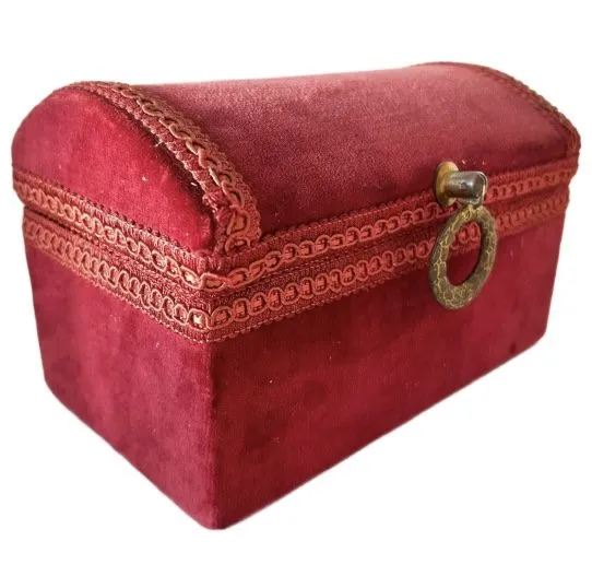 Antieke bordeaux sieradendoos rode fluwelen Franse sieradenkist rood fluweel 1920’s - Afbeelding 4