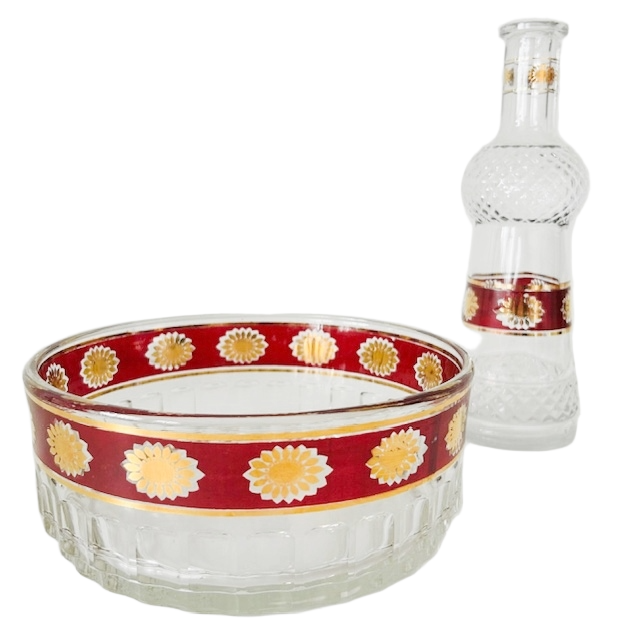 Vintage Set Stampi Francolini Ruby Red Gold schaal en en fles Italiaans glas 1960’s - Afbeelding 2