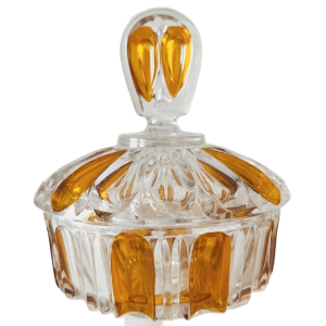 Art deco stijl poederdoos persglas amber transparant 1950’s