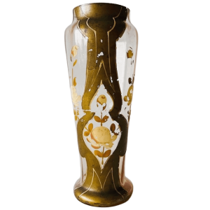 Antieke Victoriaanse Art nouveau vergulde gouden handbeschilderde glazen vaas 1900’s