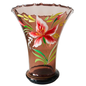 Art deco vaas roze glas met handgeschilderde bloemen 1930’s