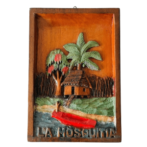Vintage massief handgestoken houten schilderijtje La mosquitia houtsnijwerk