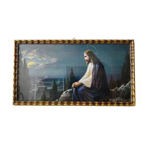 Vintage Religieuze kleurenlithografie schilderij Jezus Christus Olijfberg 1930’s