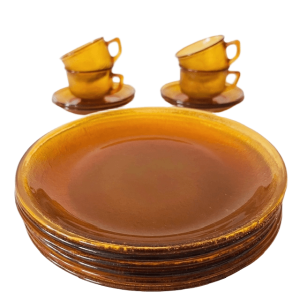 Set vintage amber glas ontbijtservies 1960’s