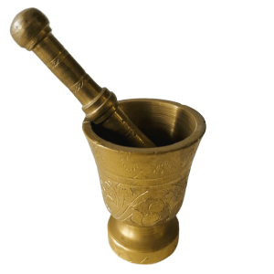 Vintage zware Oosterse vijzel en stamper met gravures messing