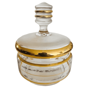 Art Deco sieradendoosje goud transparant glas poederdoos 1950’s