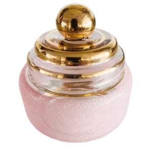 Art deco poederdoos roze gesuikerd glas sieradendoosje 1950’s