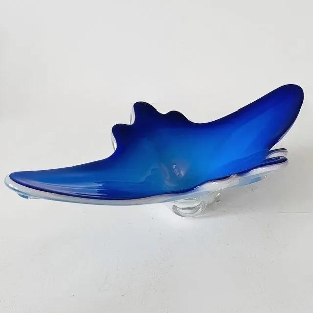 Vintage XL Murano glas schaal blauw wit helder glas mid-century 1970’s - Afbeelding 3