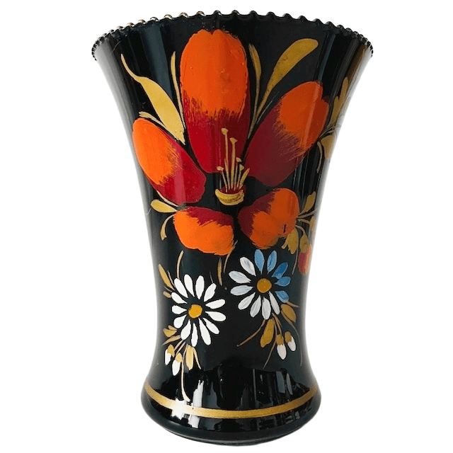Grote hyalith glas vaas zwart oranje bloemen 1950’s - Afbeelding 2
