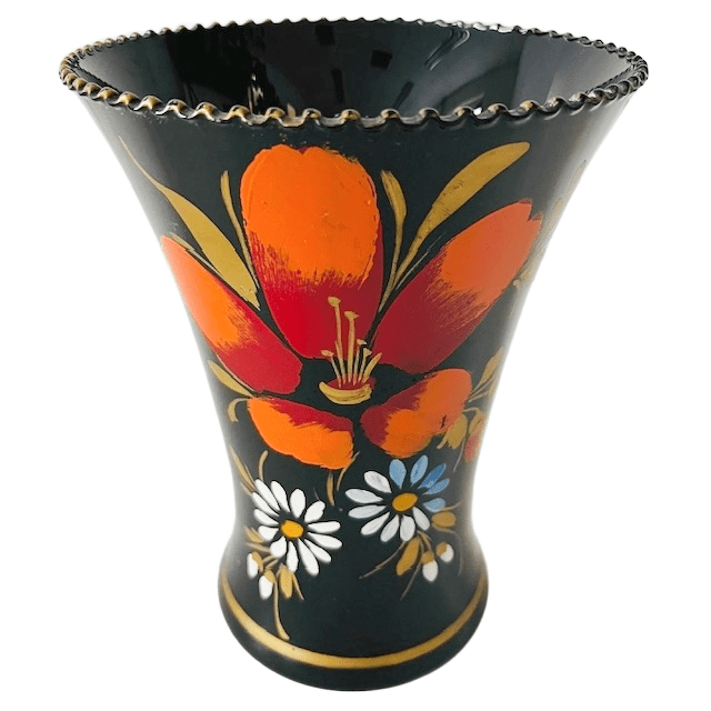 Grote hyalith glas vaas zwart oranje bloemen 1950’s - Afbeelding 3