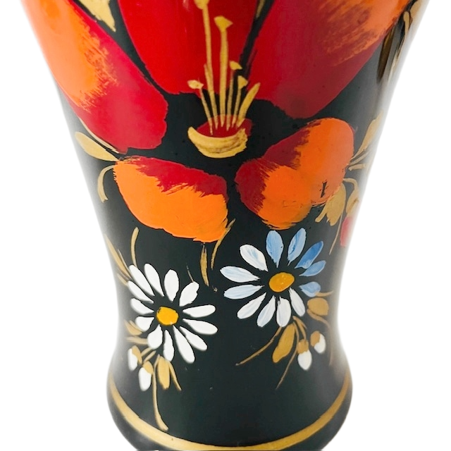 Grote hyalith glas vaas zwart oranje bloemen 1950’s - Afbeelding 4