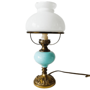 Antieke electrische geconverteerde olielamp messing turquoise glas upcycled 1900’s