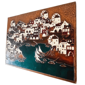 Vintage Grieks mid-century wandplaquette koper emaille AETHRA schilderij 1970’s