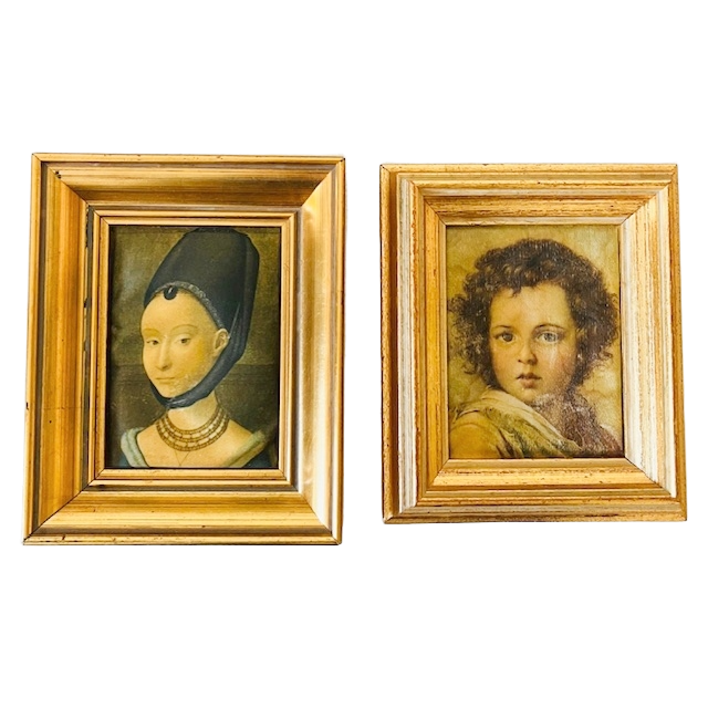 Vintage zijden schilderijtjes vrouw en kind klederdracht 1960’s