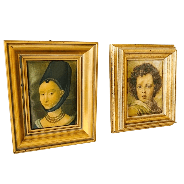 Vintage zijden schilderijtjes vrouw en kind klederdracht 1960’s - Afbeelding 3