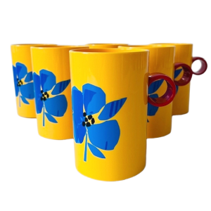 Set kunststof bekers Coppia geel blauw bloemen 1980’s