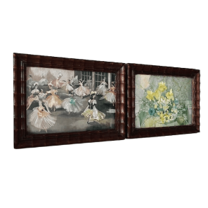 Antieke set foliedruk schilderijtjes ballet bloemen folieprint metaalets 1920’s