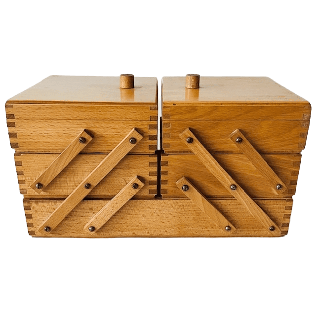 Mid-century uitklapbare houten naaikoffer Deens Design knutseldoos 1960’s