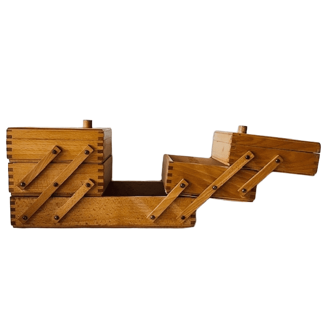 Mid-century uitklapbare houten naaikoffer Deens Design knutseldoos 1960’s - Afbeelding 7