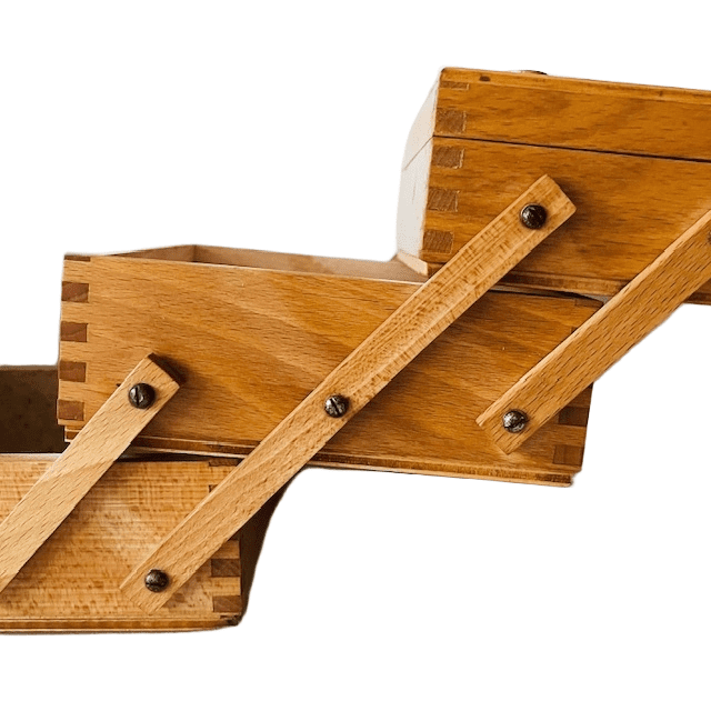 Mid-century uitklapbare houten naaikoffer Deens Design knutseldoos 1960’s - Afbeelding 8