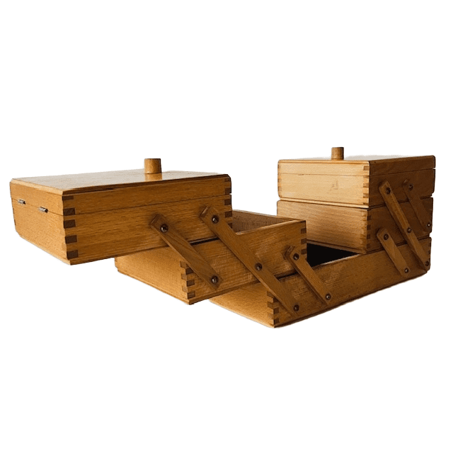 Mid-century uitklapbare houten naaikoffer Deens Design knutseldoos 1960’s - Afbeelding 9