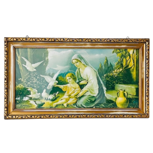 Vintage Religieus schilderij ingelijste prent Madonna van de duiven kerst 1960’s