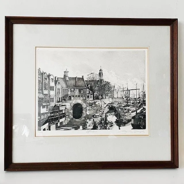 Jan van Rijsewijk gesigneerde ets schilderij Delftse Haven 1960’s - Afbeelding 3