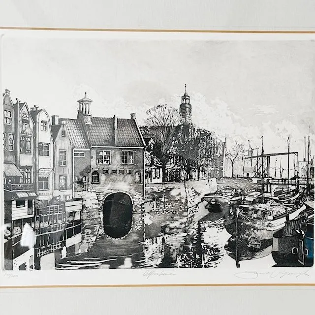 Jan van Rijsewijk gesigneerde ets schilderij Delftse Haven 1960’s - Afbeelding 5