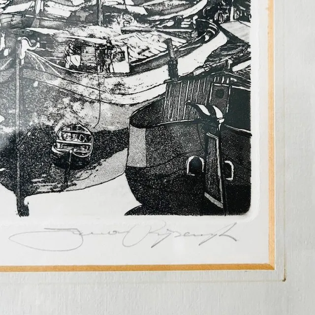 Jan van Rijsewijk gesigneerde ets schilderij Delftse Haven 1960’s - Afbeelding 8