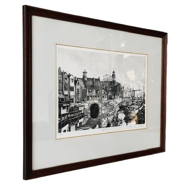 Jan van Rijsewijk gesigneerde ets schilderij Delftse Haven 1960’s - Afbeelding 2