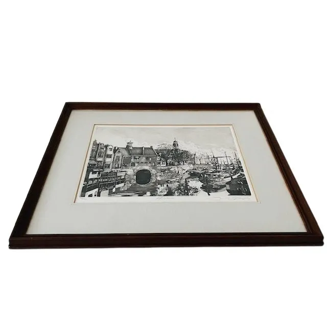 Jan van Rijsewijk gesigneerde ets schilderij Delftse Haven 1960’s - Afbeelding 4
