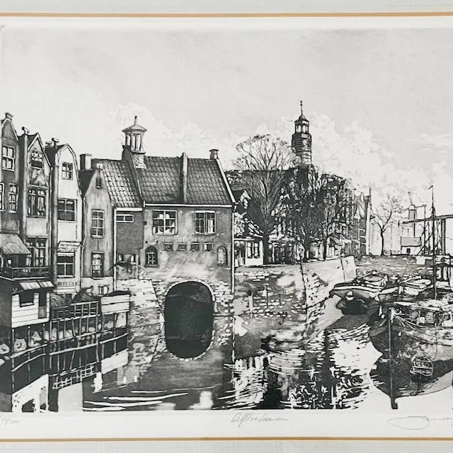 Jan van Rijsewijk gesigneerde ets schilderij Delftse Haven 1960’s - Afbeelding 9