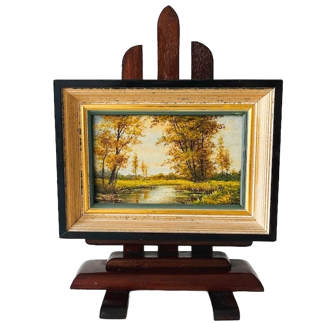 Vintage bos landschap olieverf schilderijtje op standaard gesigneerd 1960’s - Afbeelding 2