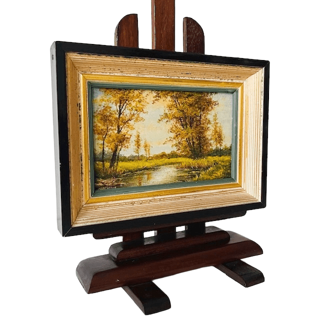 Vintage bos landschap olieverf schilderijtje op standaard gesigneerd 1960’s - Afbeelding 3