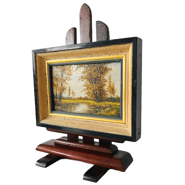 Vintage bos landschap olieverf schilderijtje op standaard gesigneerd 1960’s - Afbeelding 4