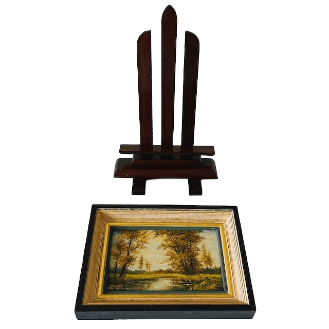 Vintage bos landschap olieverf schilderijtje op standaard gesigneerd 1960’s - Afbeelding 5