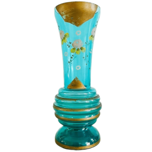 Antieke Victoriaanse Art nouveau vergulde gouden handbeschilderde glazen turquoise vaas 1900’s