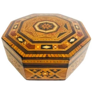 Achthoekige sieradendoos hout parelmoer inlegwerk geometrisch Khatam