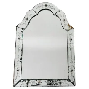 Antieke Venetiaanse tafelspiegel geëtst glas bloemen spiegeltje 1900’s