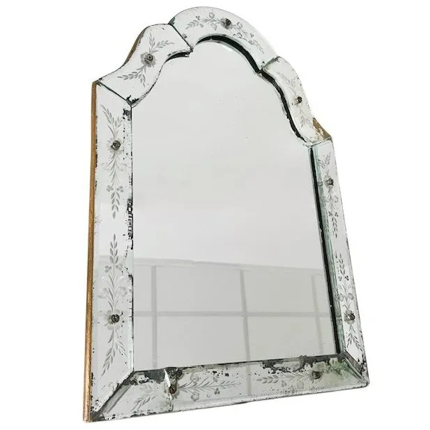 Antieke Venetiaanse tafelspiegel geëtst glas bloemen spiegeltje 1900’s - Afbeelding 6