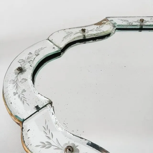 Antieke Venetiaanse tafelspiegel geëtst glas bloemen spiegeltje 1900’s - Afbeelding 8
