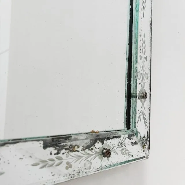 Antieke Venetiaanse tafelspiegel geëtst glas bloemen spiegeltje 1900’s - Afbeelding 9