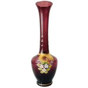 Vintage Tsjechische Boheemse handbeschilderde vergulde glazen vaas amethist paars 1950’s